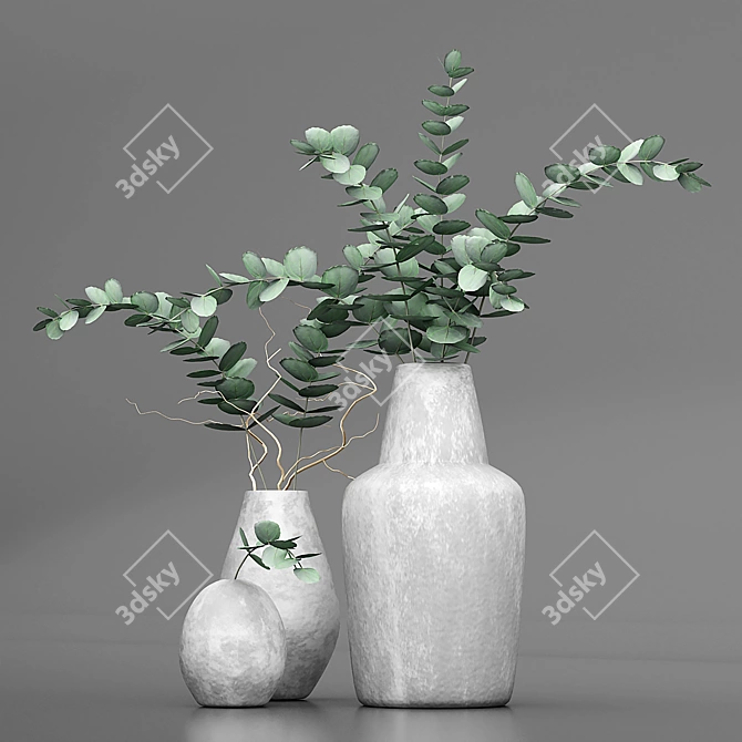 Fresh Eucalyptus Bouquets: 3 Ceramic Vases 3D model image 2