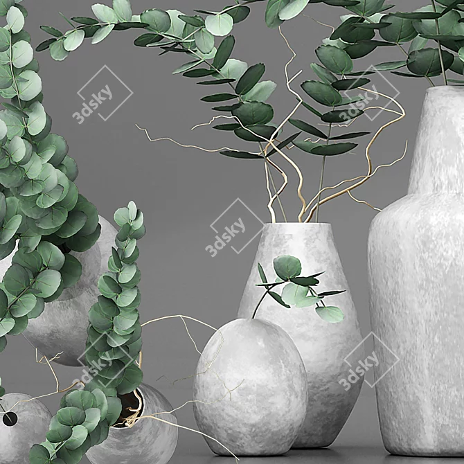 Fresh Eucalyptus Bouquets: 3 Ceramic Vases 3D model image 3