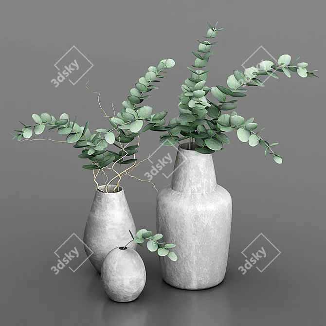 Fresh Eucalyptus Bouquets: 3 Ceramic Vases 3D model image 4