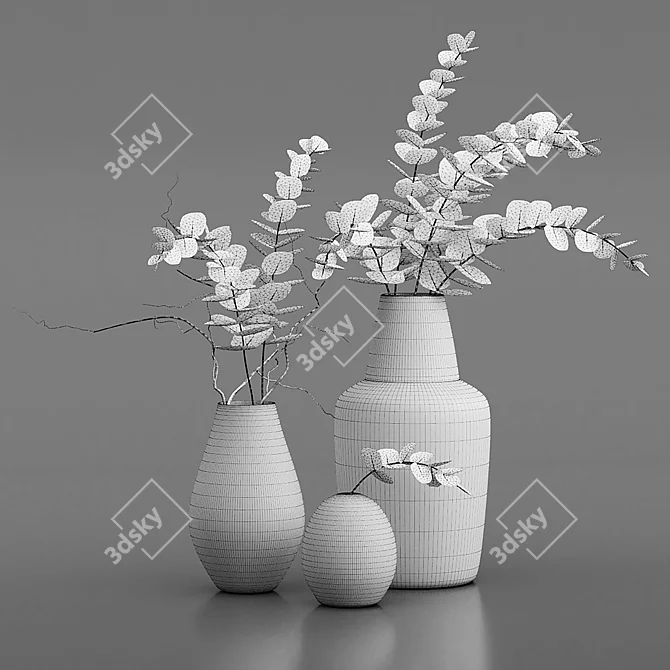Fresh Eucalyptus Bouquets: 3 Ceramic Vases 3D model image 5