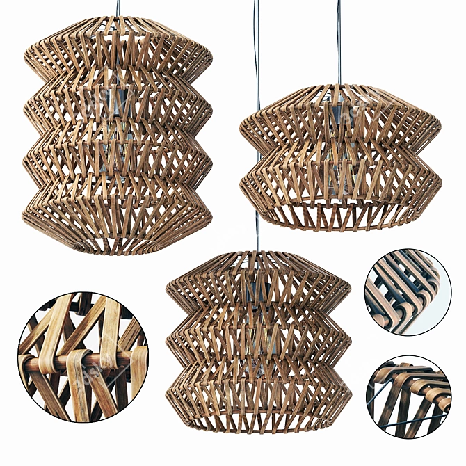 ZigZag Wooden Rattan Wicker Lamp 3D model image 1