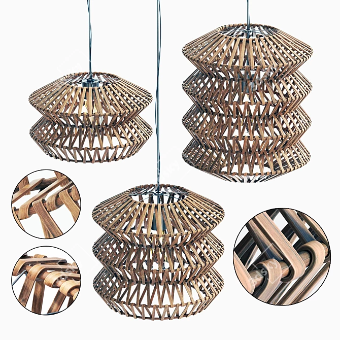 ZigZag Wooden Rattan Wicker Lamp 3D model image 3