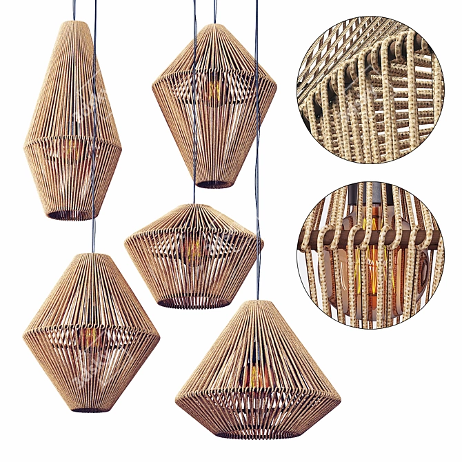 Wood Rattan Wicker Cone Chandelier 3D model image 1