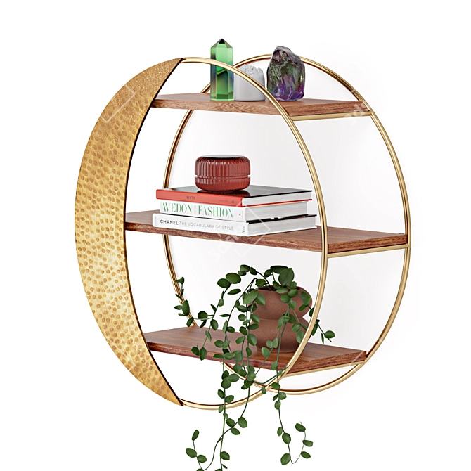 Moon Circle Wall Shelf | Rustic Mango Wood Shelves | Decorative Metal Frame 3D model image 3