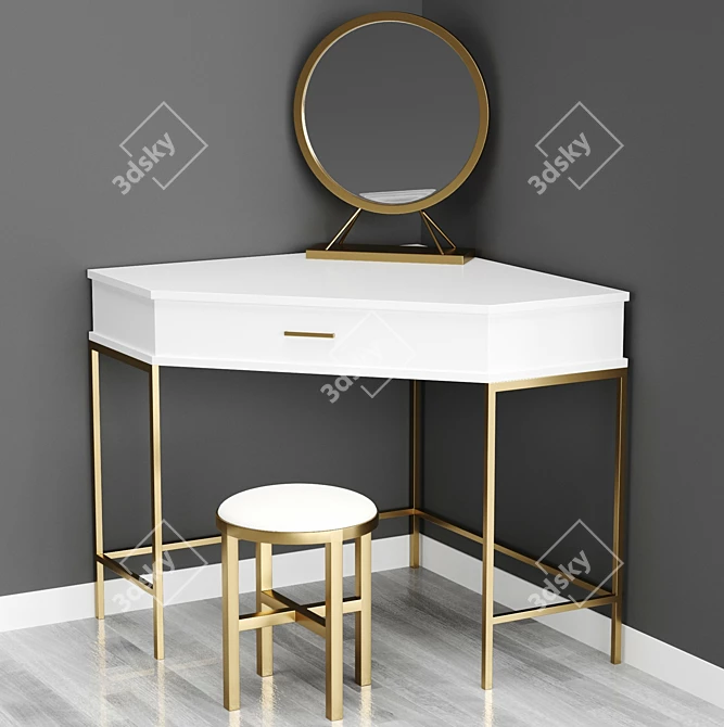 Modern Corner Dressing Table with Mirror and Stool 3D model image 1