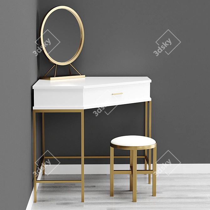 Modern Corner Dressing Table with Mirror and Stool 3D model image 3