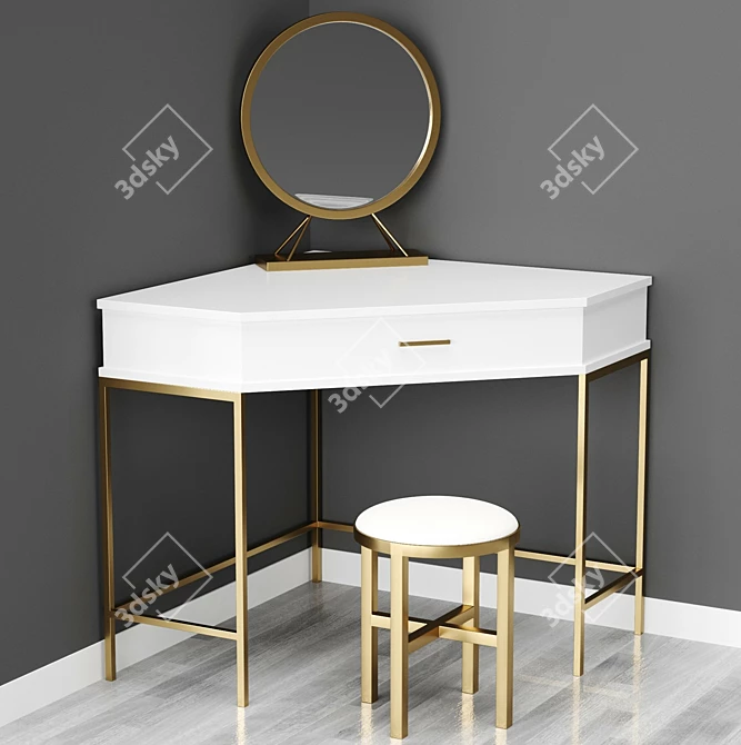 Modern Corner Dressing Table with Mirror and Stool 3D model image 5