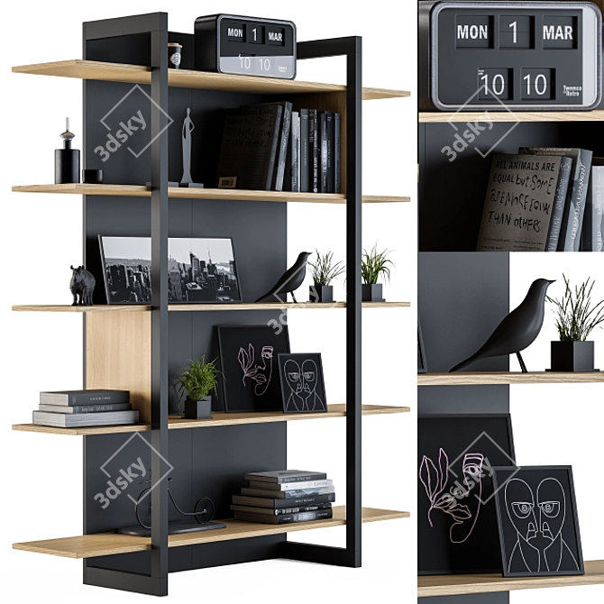 Wood & Black Rack 04: Stylish Storage Solution 3D model image 1