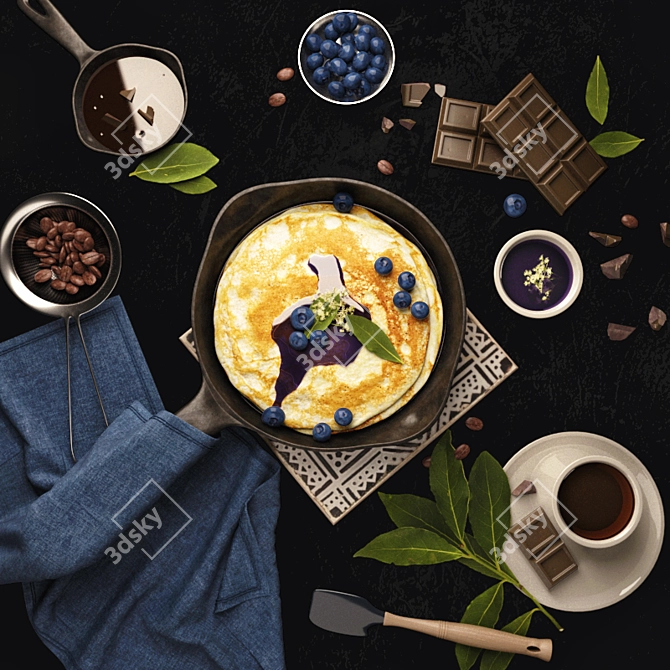 Gourmet Breakfast Set: Pancakes, Chocolates, Coffee 3D model image 1