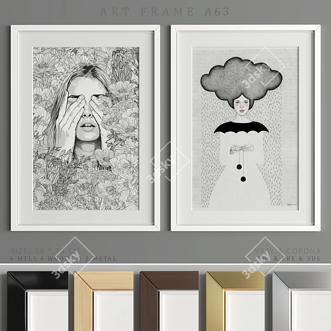 Modern Art Frame A63: 2 Frames, 6 Materials, 50x70cm 3D model image 1