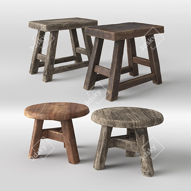 Rustic Wood Foot Stools 3D model image 1