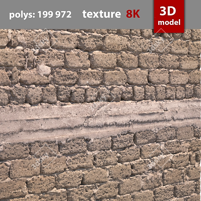 Detailed Stone Wall Model 3D model image 2