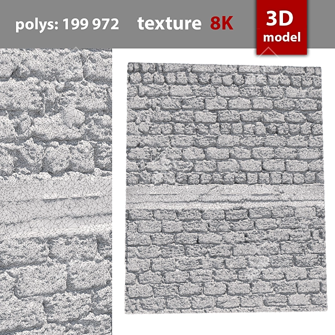 Detailed Stone Wall Model 3D model image 3