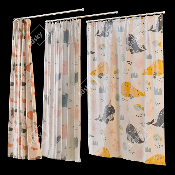 Stylish Shower Curtain with 6 Unique Prints 3D model image 1