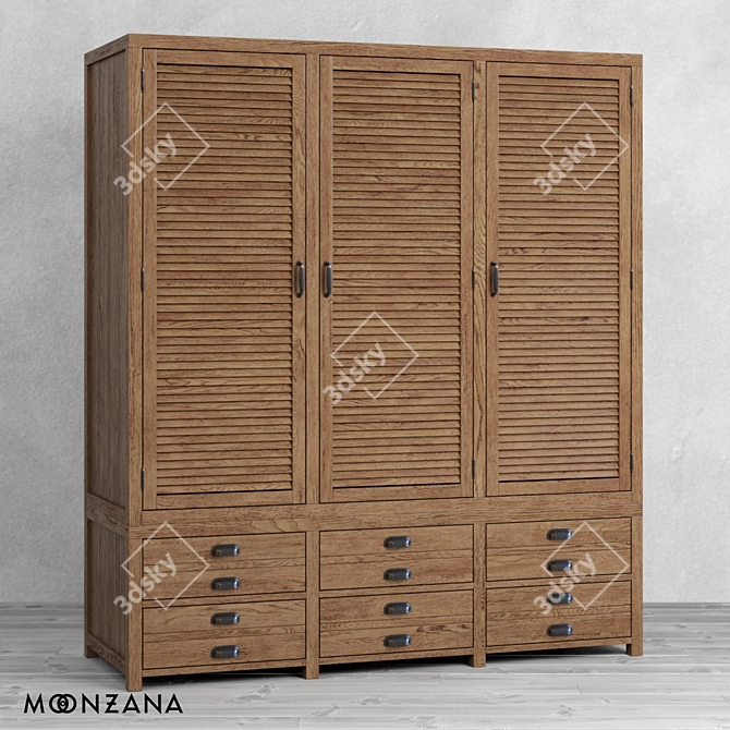 Moonzana Printmaker 3-Section Oak Wardrobe 3D model image 1