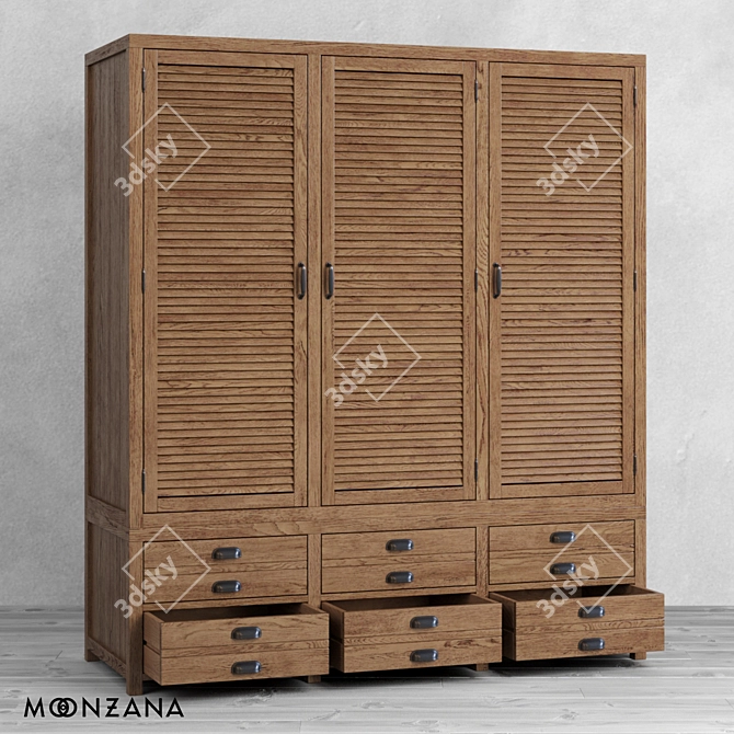 Moonzana Printmaker 3-Section Oak Wardrobe 3D model image 4