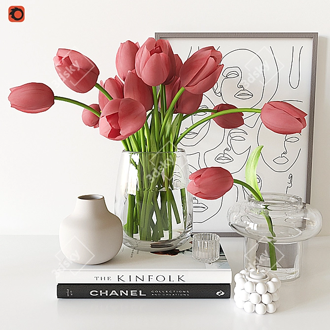 Elegant Red Tulip Decor Set 3D model image 1