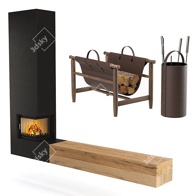 Modern Fire Pit with Wooden Storage Tray 3D model image 1