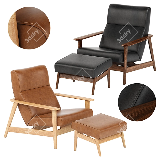 West Elm Mid-Century Leather Chair & Ottoman 3D model image 1