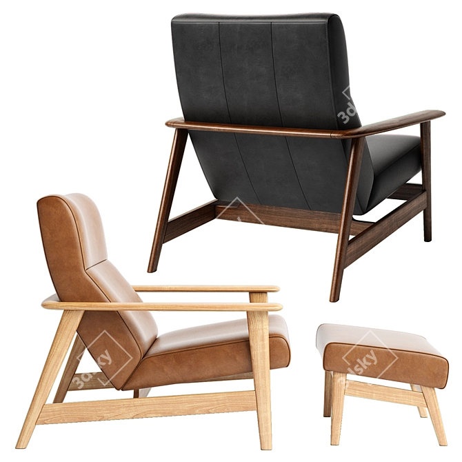 West Elm Mid-Century Leather Chair & Ottoman 3D model image 2