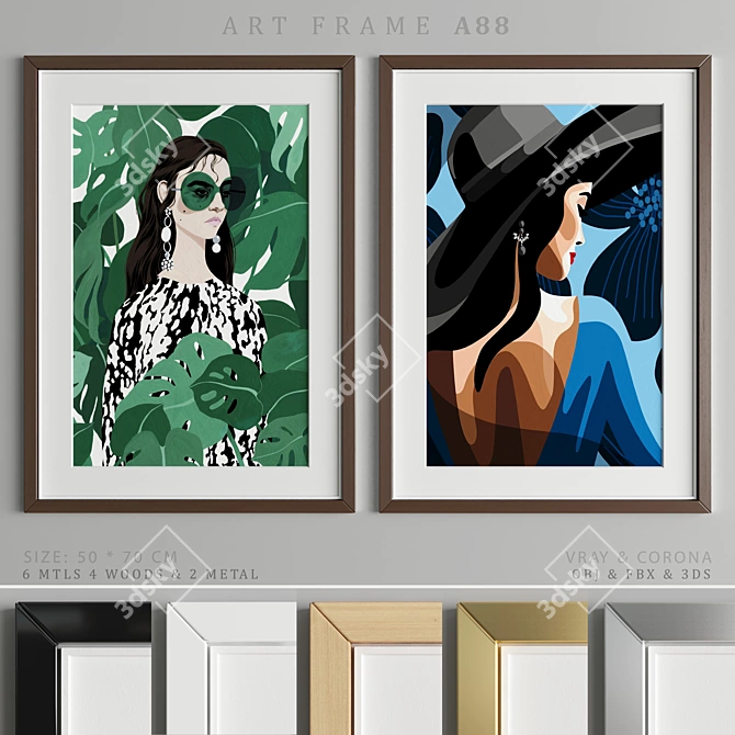 Elegant Art Frame A88: 50x70cm, 2 Wood & 1 Metal Option 3D model image 1