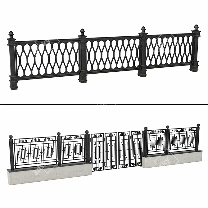 Elegant Wrought Iron Fence Set 3D model image 2