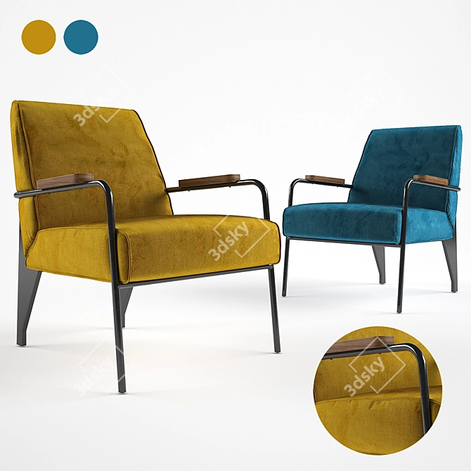 Elegant Gold & Blue Velvet Lounge Chair 3D model image 1
