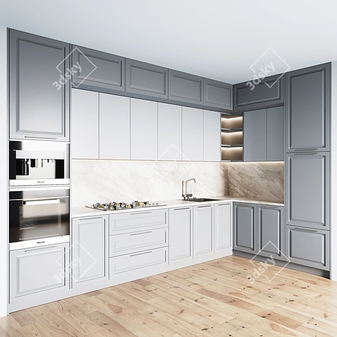 Modern Kitchen Setup - Gas Hob, Sink, Oven & Hood 3D model image 2