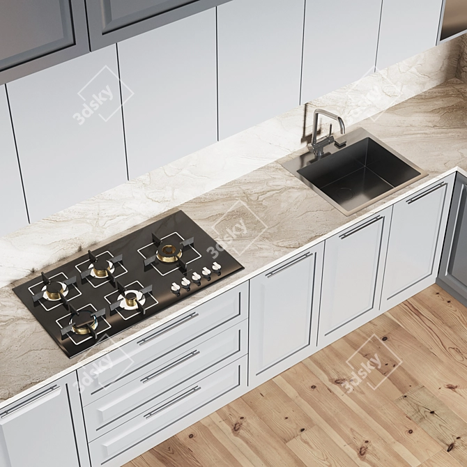 Modern Kitchen Setup - Gas Hob, Sink, Oven & Hood 3D model image 3