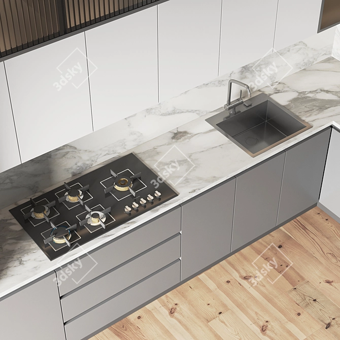 Modern Kitchen Set: Gas Hob, Sink, Oven, Hood 3D model image 4