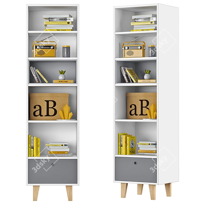 Modern Concept Narrow Bookcase | White & Grey 3D model image 1