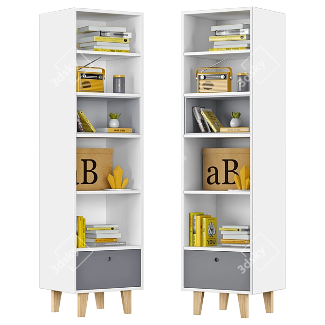 Modern Concept Narrow Bookcase | White & Grey 3D model image 2