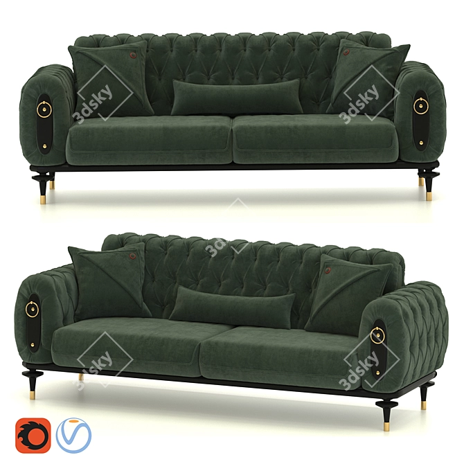 Luxury Army Green Velvet Tufted Sofa 3D model image 1