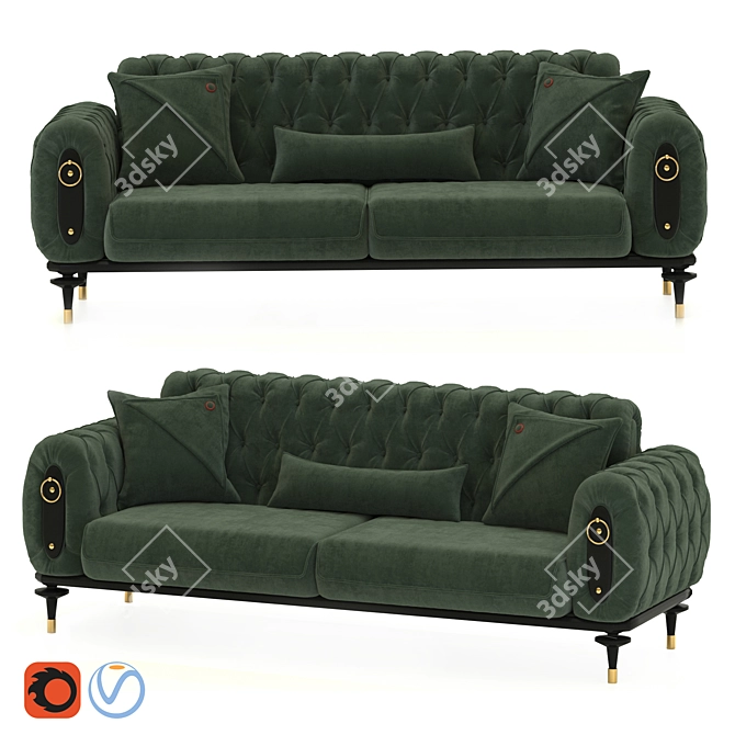 Luxury Army Green Velvet Tufted Sofa 3D model image 5