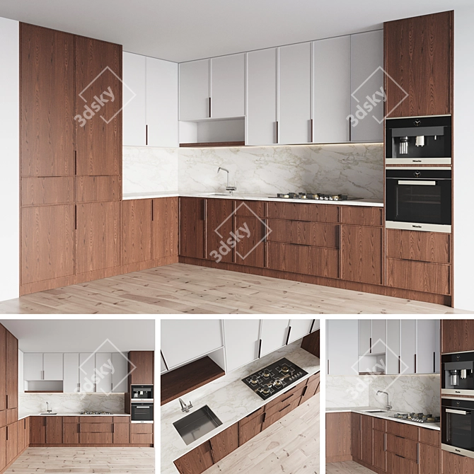 Modern Kitchen Set with Gas Hob, Sink, Oven, and Hood 3D model image 1