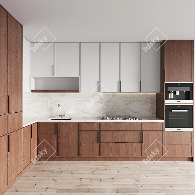 Modern Kitchen Set with Gas Hob, Sink, Oven, and Hood 3D model image 2