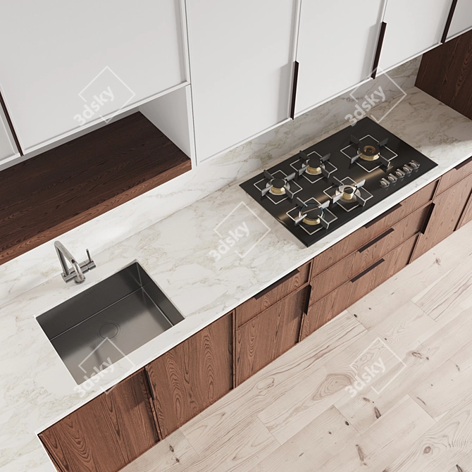 Modern Kitchen Set with Gas Hob, Sink, Oven, and Hood 3D model image 3