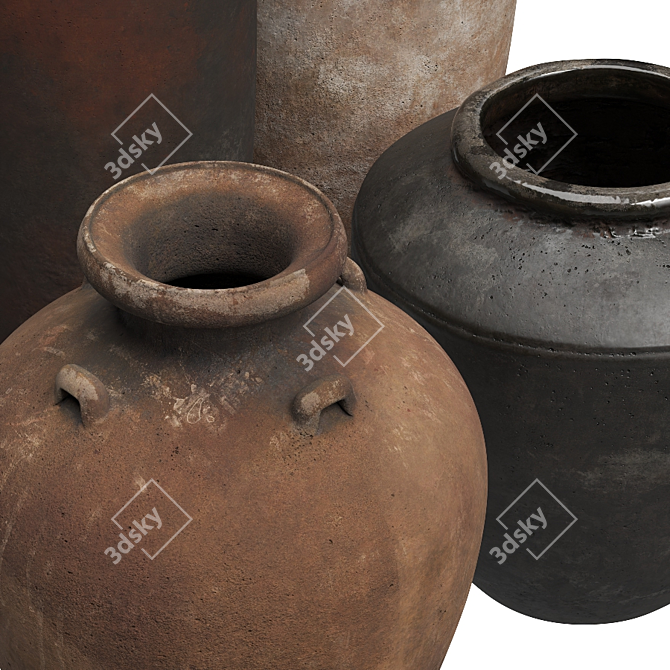 Rustic Relief Ceramic Vases Set 3D model image 2