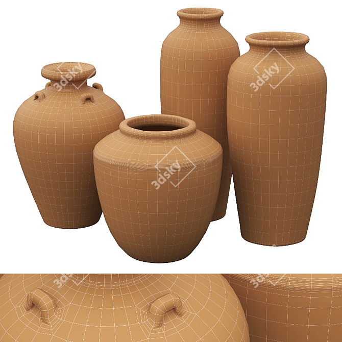 Rustic Relief Ceramic Vases Set 3D model image 6