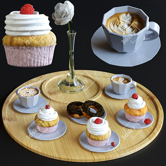 Coffee Bliss: Cupcakes, Donuts, and a Flower 3D model image 1