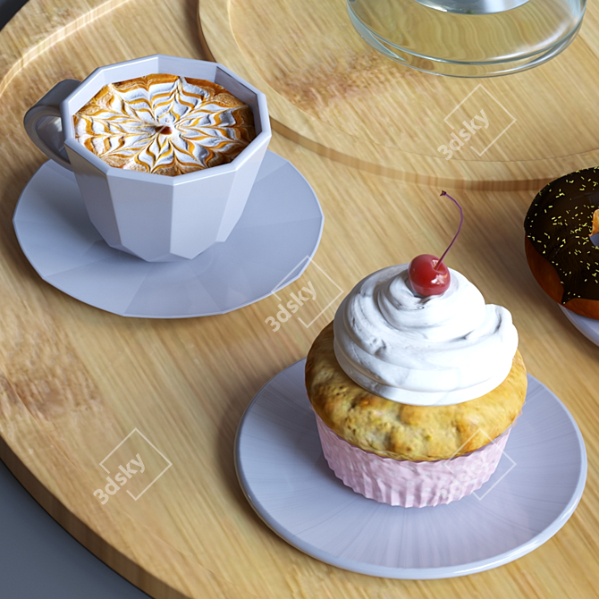 Coffee Bliss: Cupcakes, Donuts, and a Flower 3D model image 4