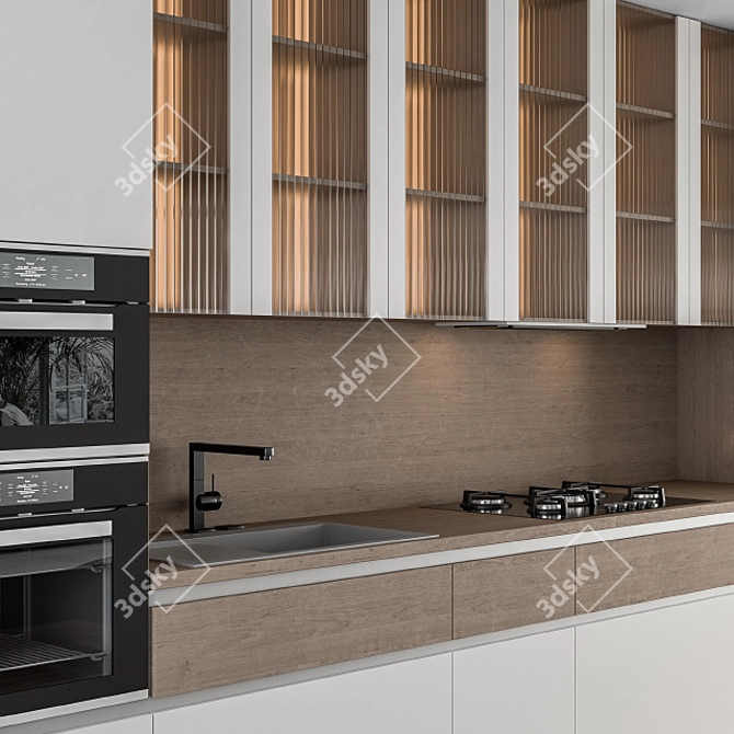 Sleek White & Wood Kitchen 3D model image 3