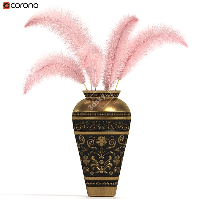 Elegant Feather Décor with Ornate Pot 3D model image 1