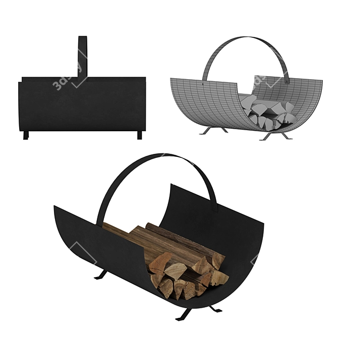 Black Steel Firewood Log Rack & Fireplace Tools 3D model image 4