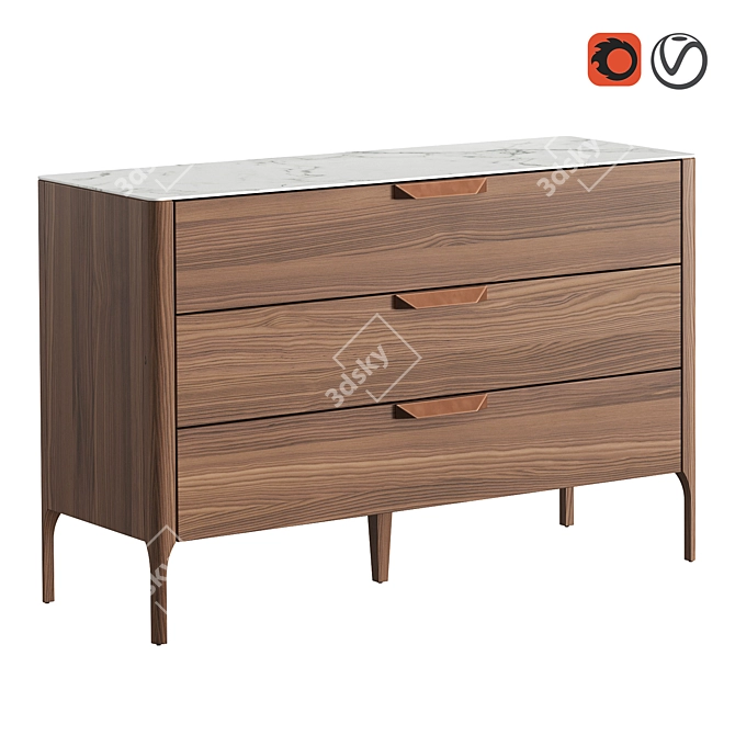 Modern Walnut Dresser with Marble-Inspired Glass Top 3D model image 1