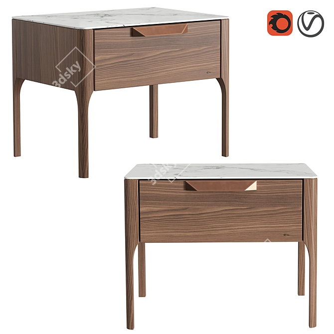 Modern Walnut Bedside Table with faux Calacatta Marble Top 3D model image 1