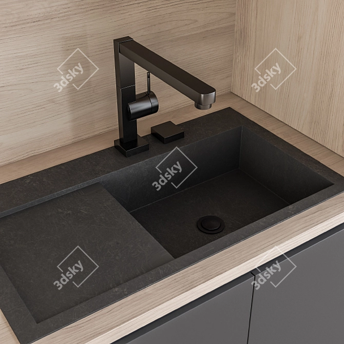 Sleek Black and Wood Kitchen 3D model image 3