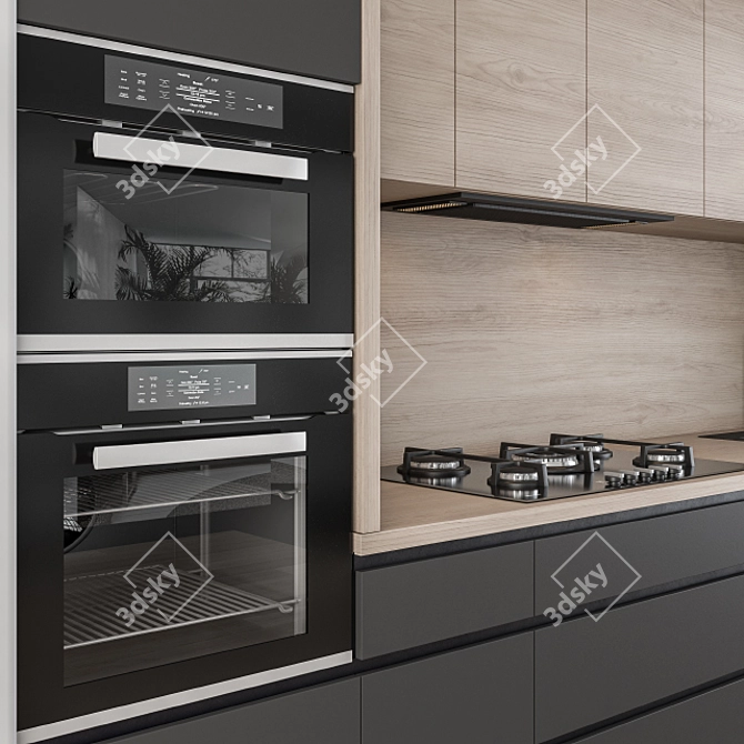 Sleek Black and Wood Kitchen 3D model image 4