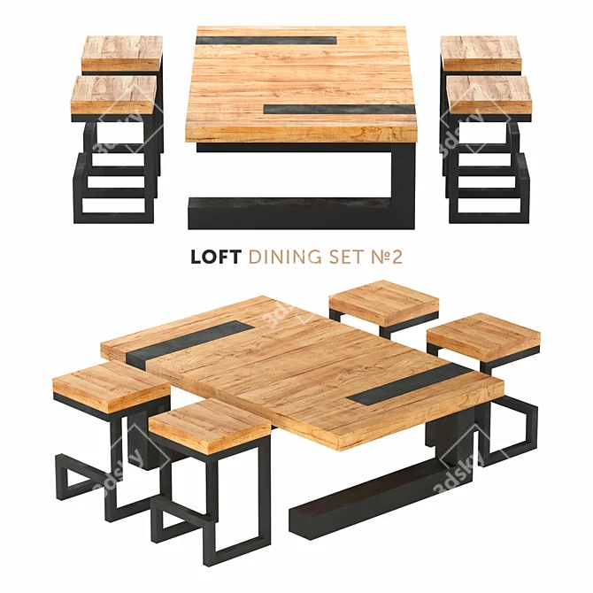 Industrial Oak Loft Dining Set 3D model image 1