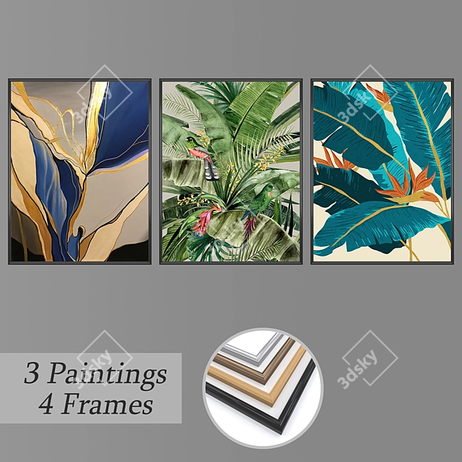 Modern Art Set: 3 Paintings with 4 Frame Options 3D model image 1